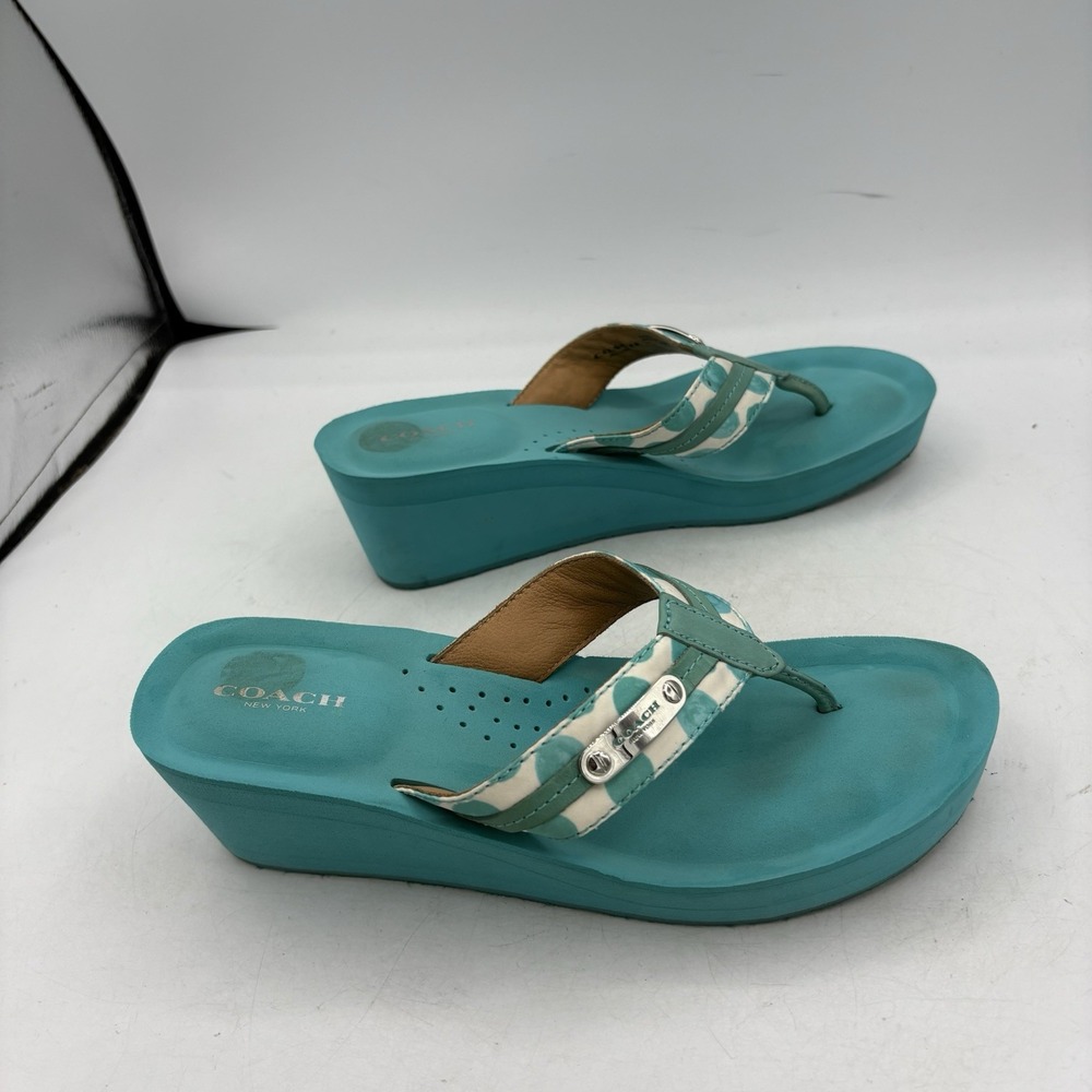 Coach Sandals Womens Size 8.5 B Jaden Wedge Heel Teal Cushioned Leather Straps - Picture 9 of 12